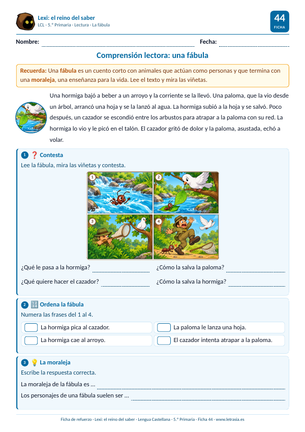 Ficha de Lengua de 5.º de Primaria de comprensión lectora con la fábula de la hormiga y la paloma