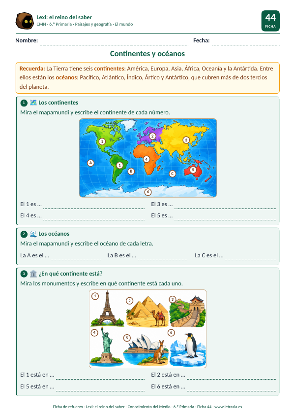 Ficha de Conocimiento del Medio de 6.º de Primaria sobre los continentes y océanos, con un mapamundi de colores y monumentos famosos