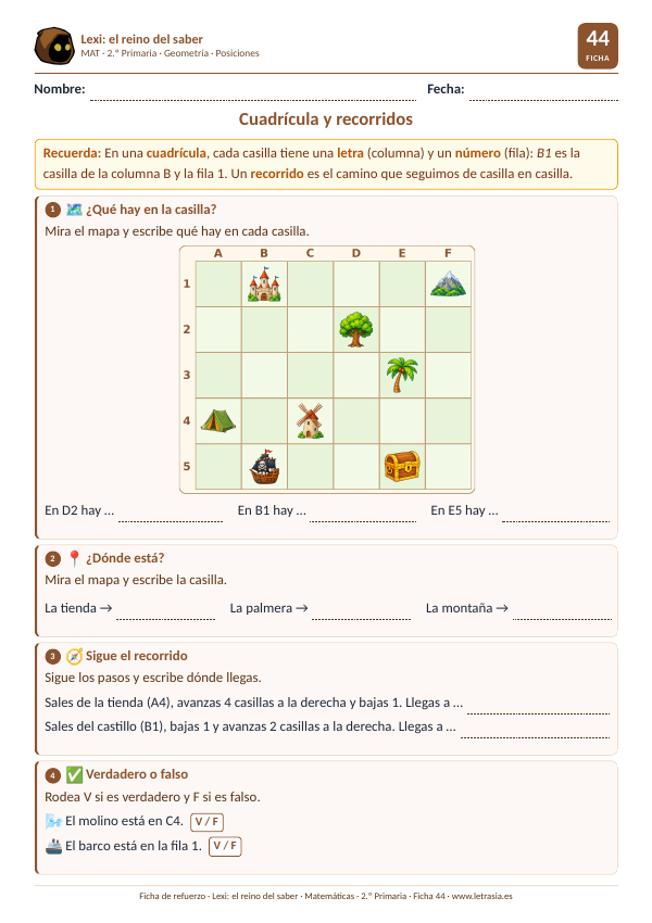 Ficha de Matemáticas de 2.º de Primaria sobre cuadrículas y recorridos, con un mapa con casillas de la A a la F y de la 1 a la 5
