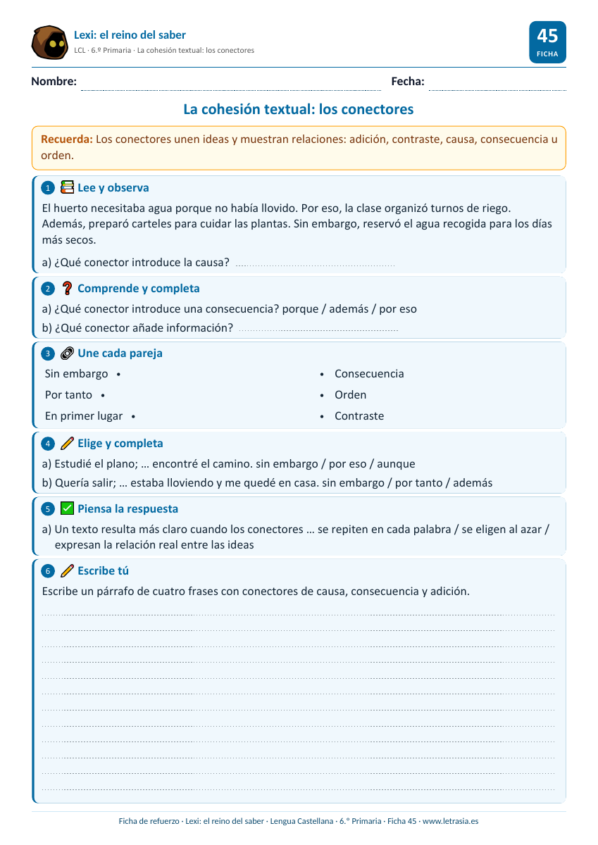 Lengua de 6.º de Primaria: La cohesión textual: los conectores