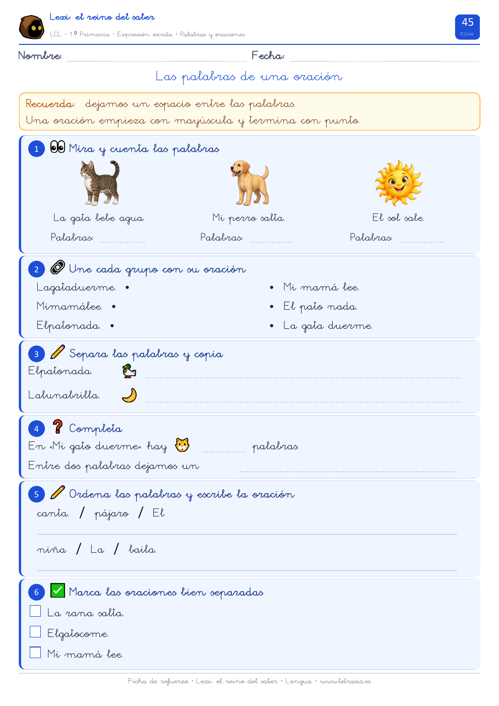 Lengua de 1.º de Primaria: Las palabras de una oración
