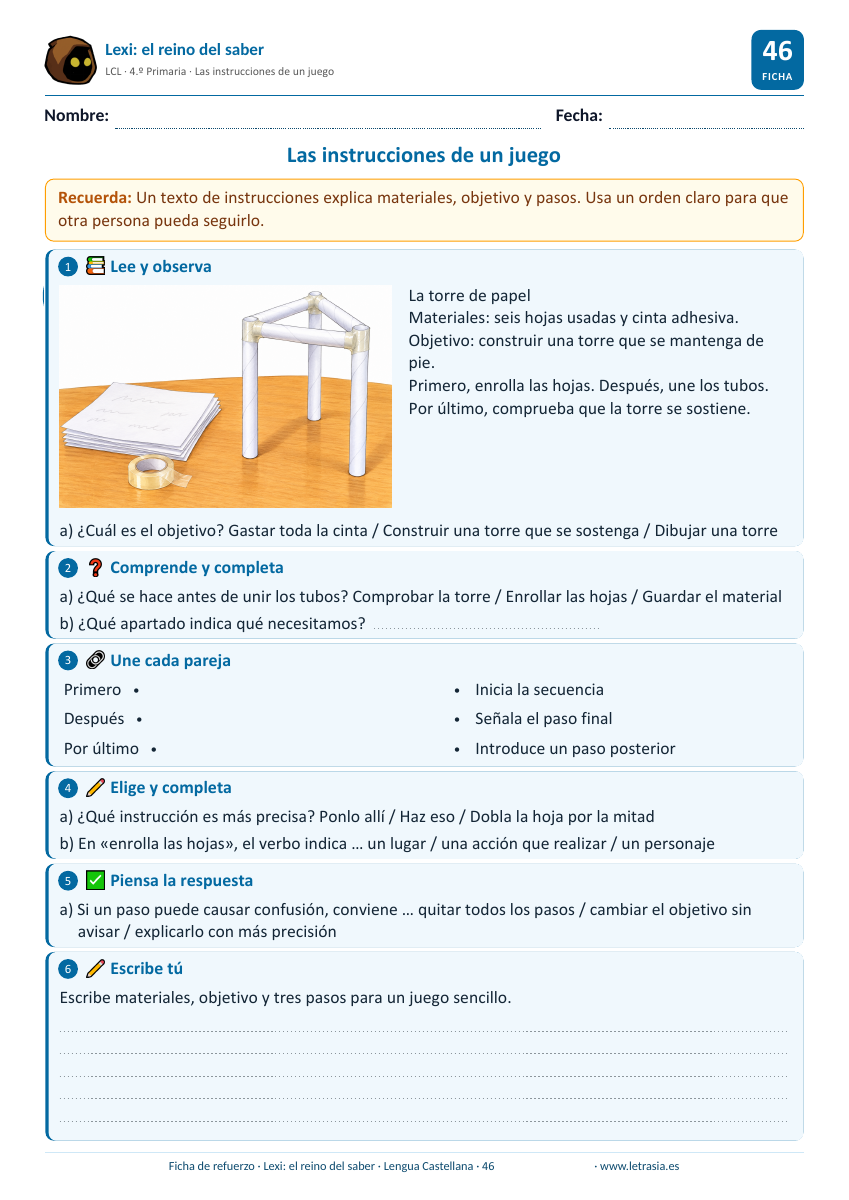 Lengua de 4.º de Primaria: Las instrucciones de un juego