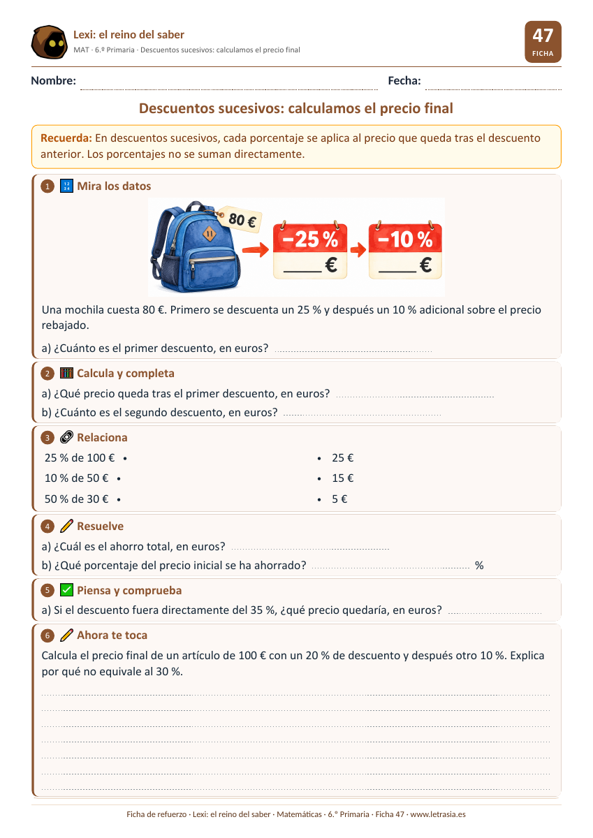 Matemáticas de 6.º de Primaria: 47. Descuentos sucesivos: calculamos el precio final