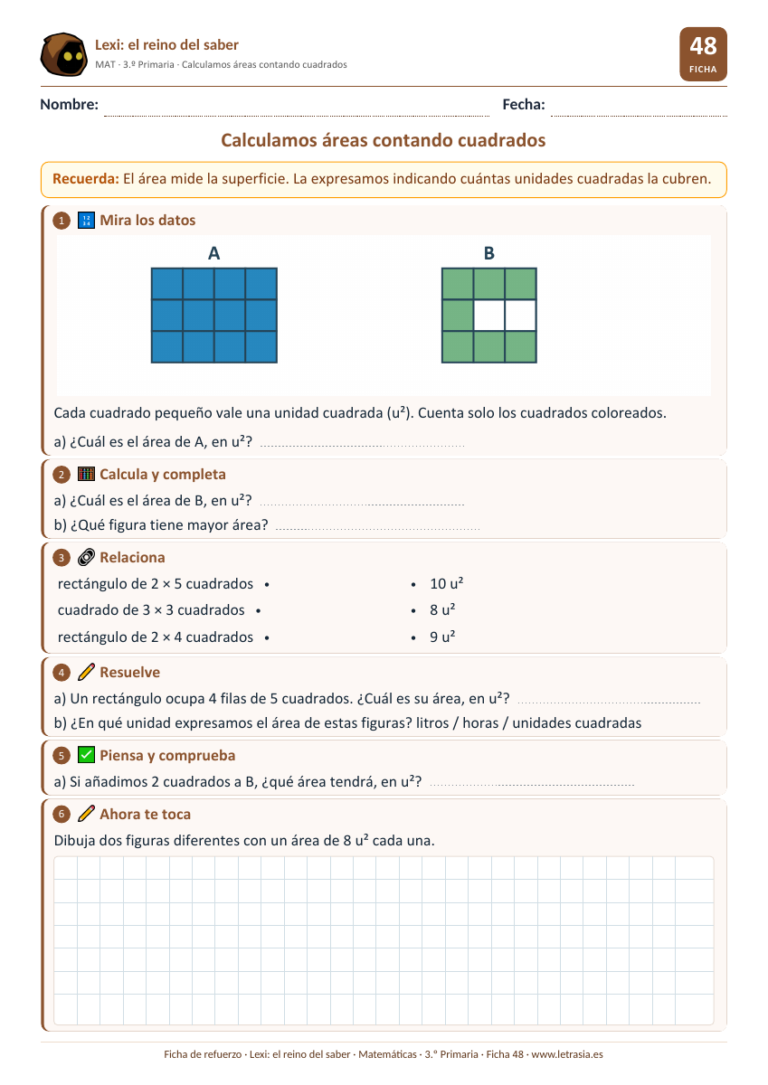Matemáticas de 3.º de Primaria: 48. Calculamos áreas contando cuadrados