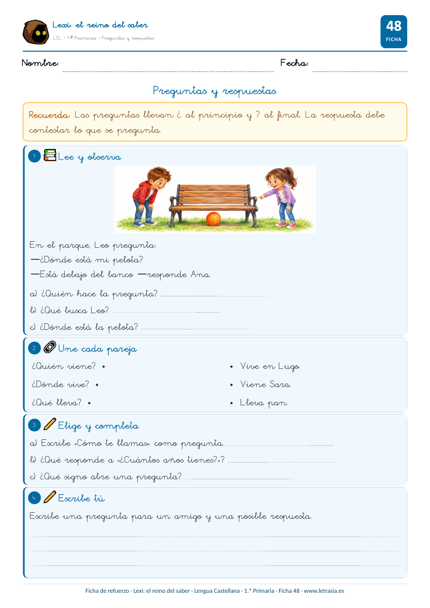 Lengua de 1.º de Primaria: 48. Preguntas y respuestas