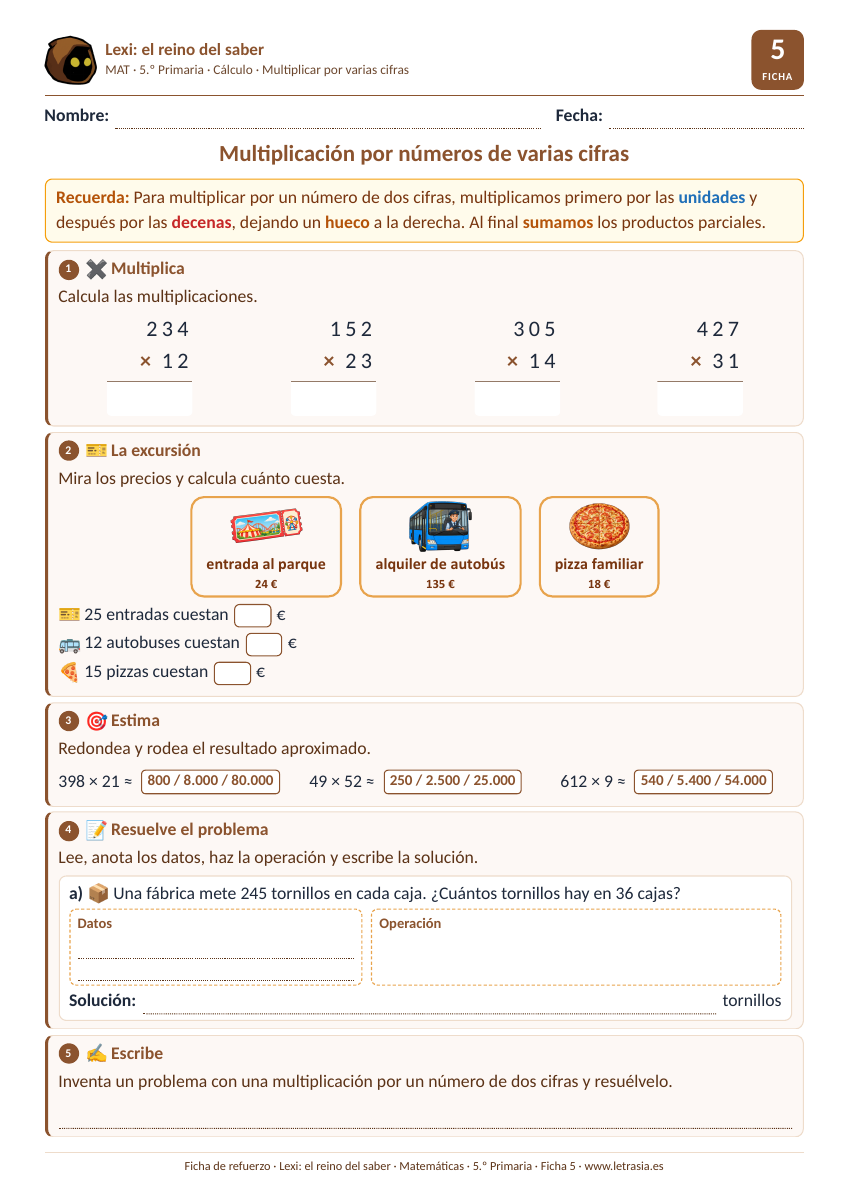 Ficha de Matemáticas de 5.º de Primaria sobre la multiplicación por números de varias cifras con operaciones en columna y precios de una excursión