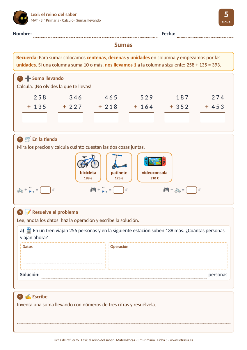 Ficha de Matemáticas de 3.º de Primaria sobre sumas llevando con números de tres cifras: operaciones en columna, precios de una tienda y un problema