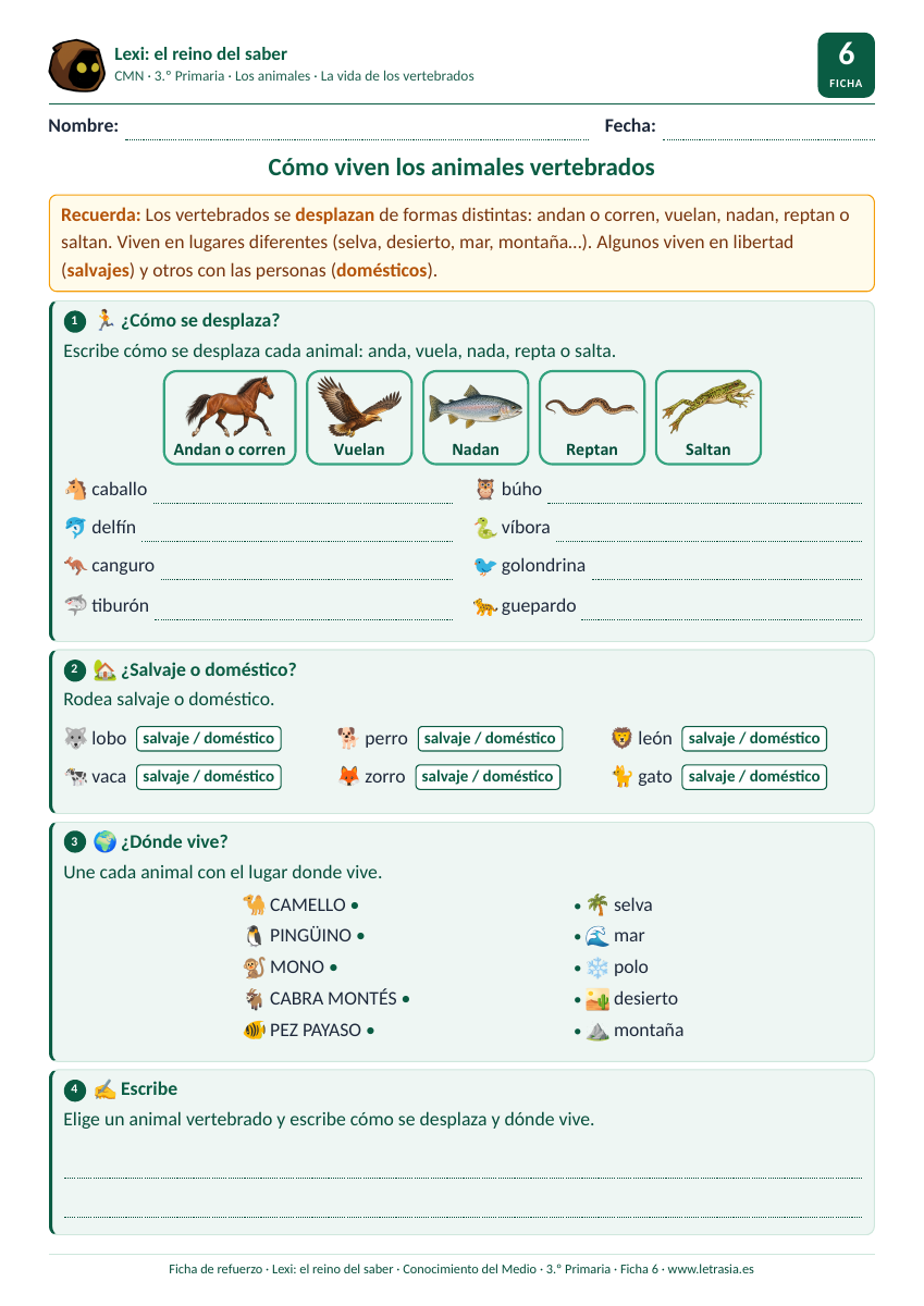 Ficha de Conocimiento del Medio de 3.º de Primaria sobre cómo viven los vertebrados: desplazamiento, animales salvajes y domésticos y dónde viven
