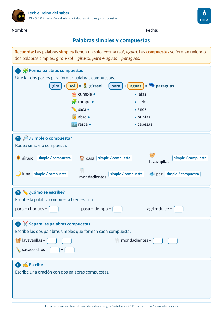 Ficha de Lengua de 5.º de Primaria sobre palabras simples y compuestas con piezas de colores y dibujos