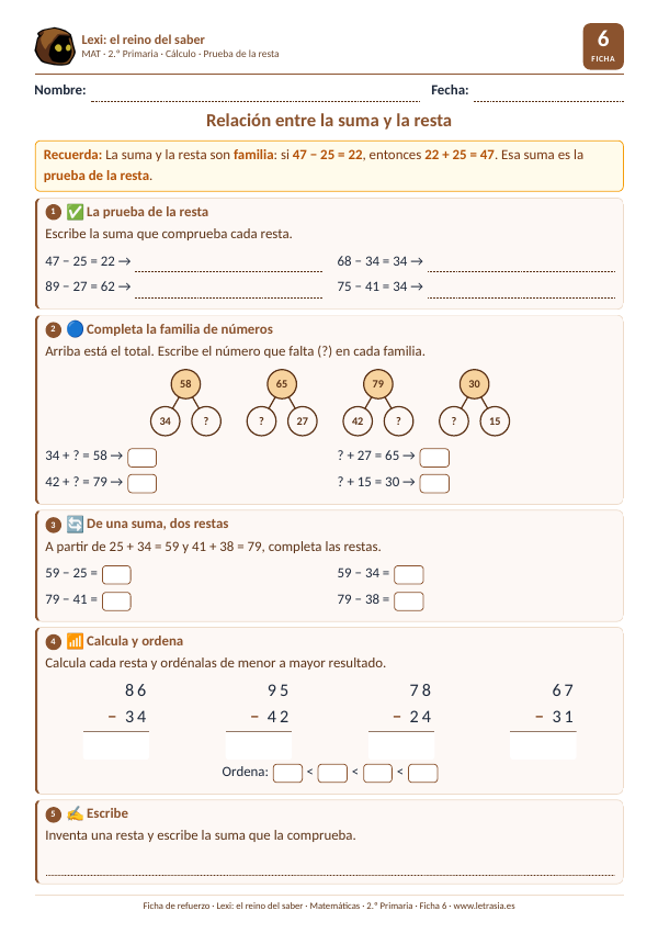 Ficha de Matemáticas de 2.º de Primaria sobre la relación entre la suma y la resta: prueba de la resta y familias de números dibujadas