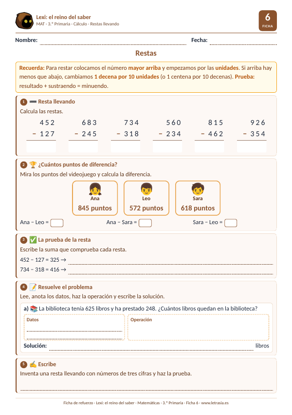 Ficha de Matemáticas de 3.º de Primaria sobre restas llevando con números de tres cifras: operaciones en columna, puntos de un videojuego, prueba y un problema