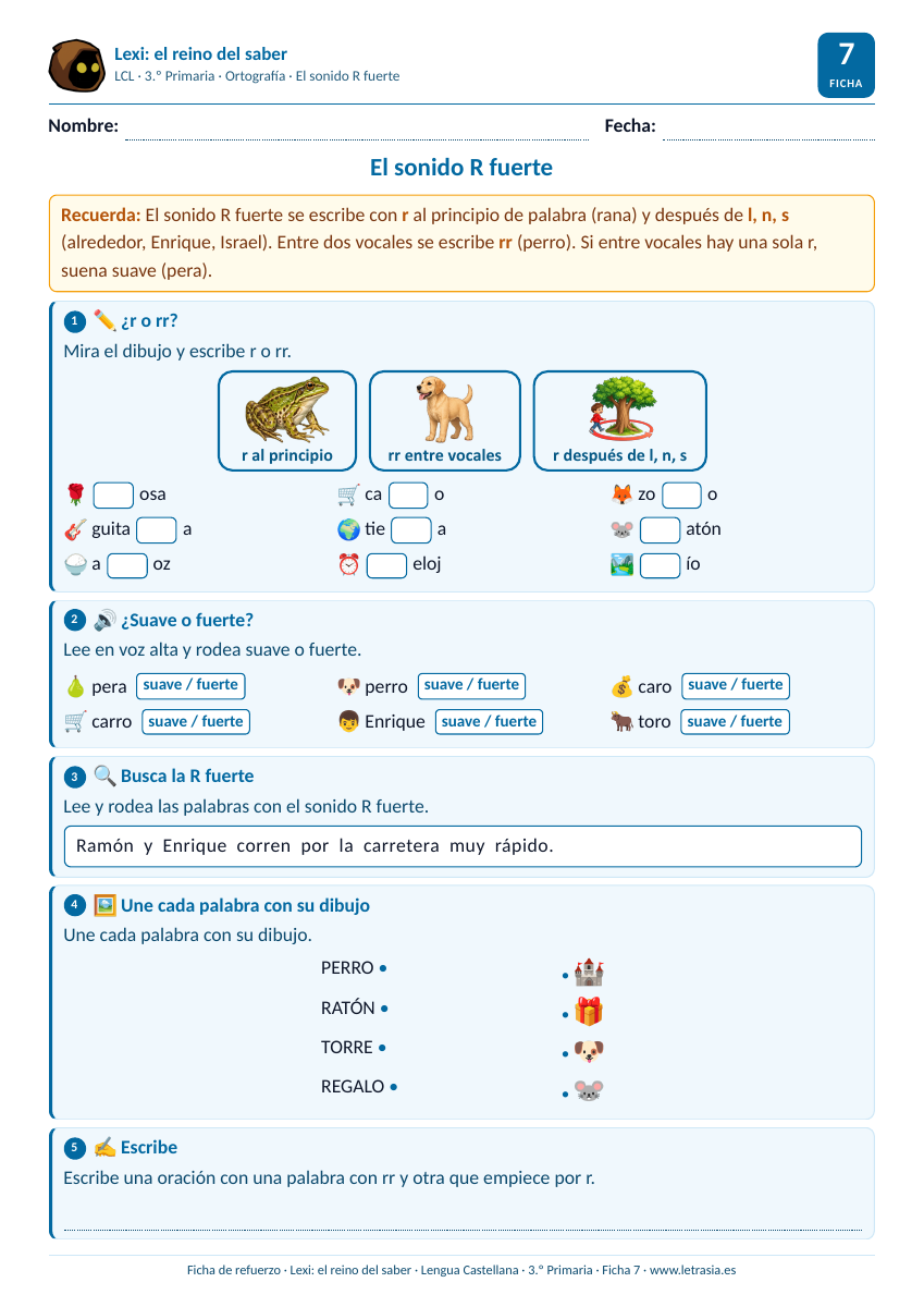 Ficha de Lengua de 3.º de Primaria sobre el sonido R fuerte: r inicial, rr entre vocales y r tras l, n, s con tarjetas y dibujos