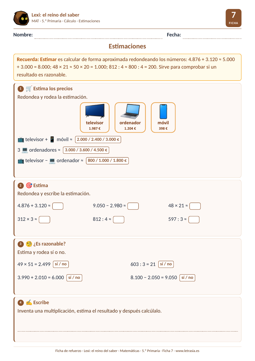 Ficha de Matemáticas de 5.º de Primaria sobre estimaciones de sumas, restas, productos y divisiones con precios de una tienda