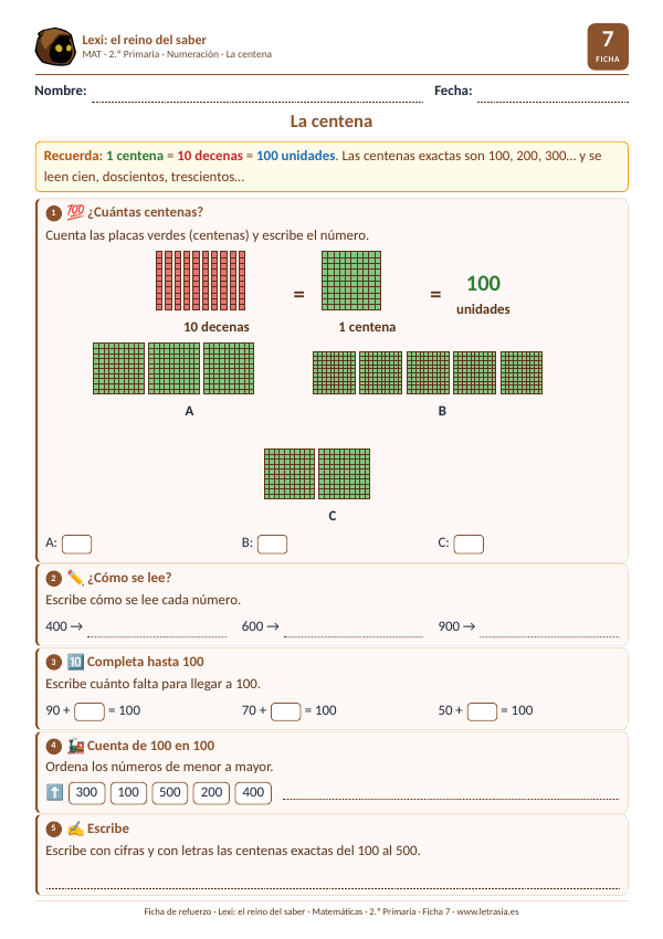 Ficha de Matemáticas de 2.º de Primaria sobre la centena con placas verdes de centenas y barras rojas de decenas