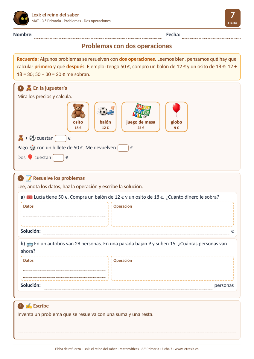 Ficha de Matemáticas de 3.º de Primaria sobre problemas con dos operaciones con los precios de una juguetería