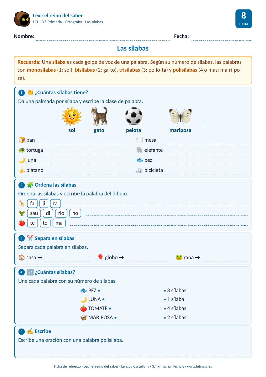 Ficha de Lengua de 3.º de Primaria sobre las sílabas: monosílabas, bisílabas, trisílabas y polisílabas con dibujos y bloques