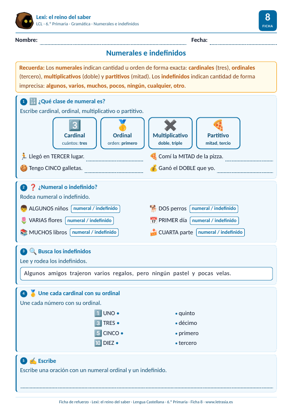 Ficha de Lengua de 6.º de Primaria sobre numerales cardinales, ordinales, multiplicativos y partitivos e indefinidos con tarjetas y dibujos