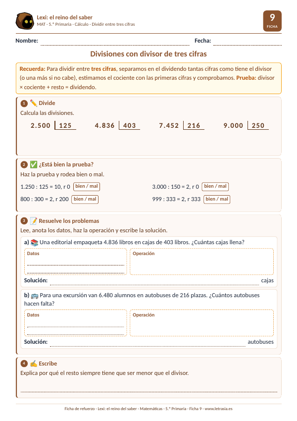 Ficha de Matemáticas de 5.º de Primaria sobre divisiones con divisor de tres cifras y su prueba