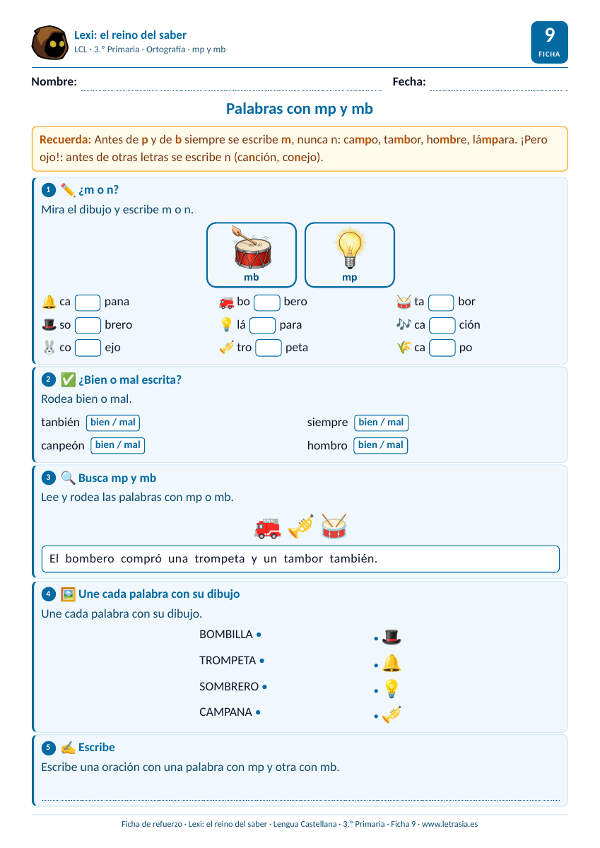 Ficha de Lengua de 3.º de Primaria sobre las palabras con mp y mb con tarjetas y dibujos para completar y buscar