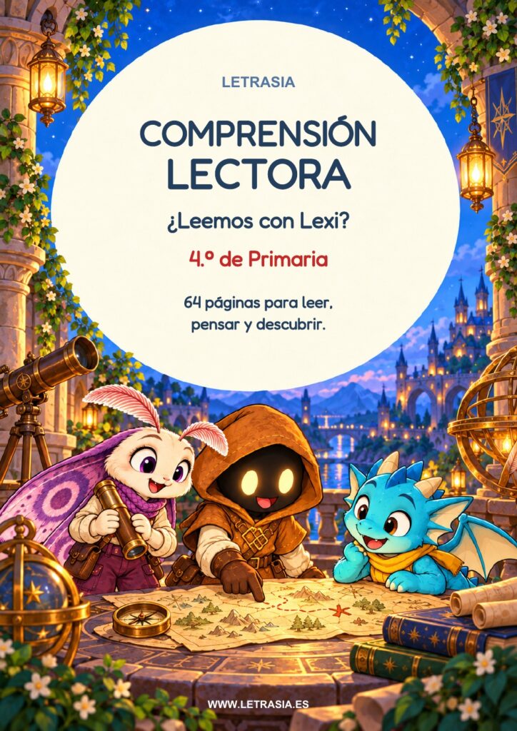 Portada de ¿Leemos con Lexi?, cuaderno de comprensión lectora para 4.º de Primaria con 32 lecturas.