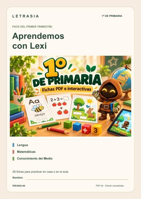 Portada del cuaderno de 1.º de Primaria con Lexi