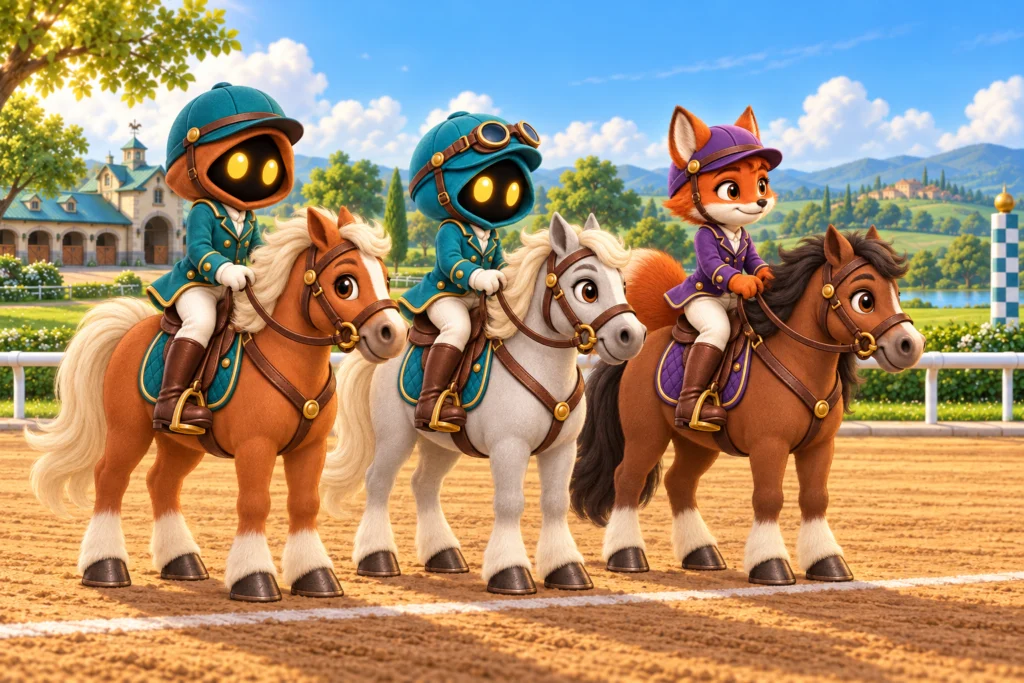 Lexi, Nara y Vera preparados junto a sus ponis en la salida