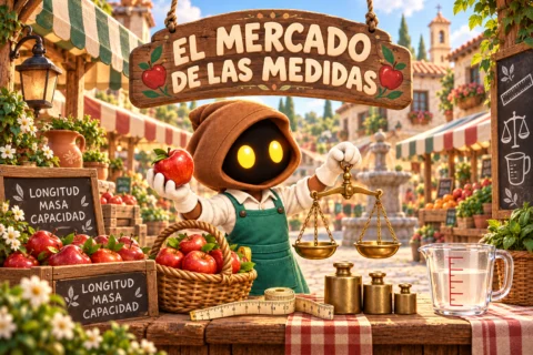 El mercado de las medidas: Lexi con balanza, cinta métrica y jarra
