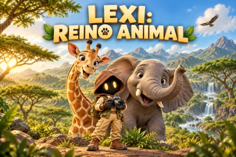 Lexi explorador con su cámara junto a una jirafa y un elefante en Reino Animal