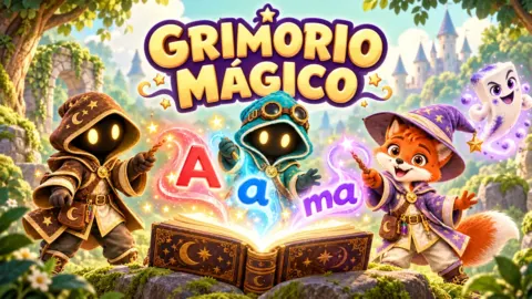 Lexi, Nara y Vera con un libro de hechizos en Grimorio mágico, juego de lectoescritura