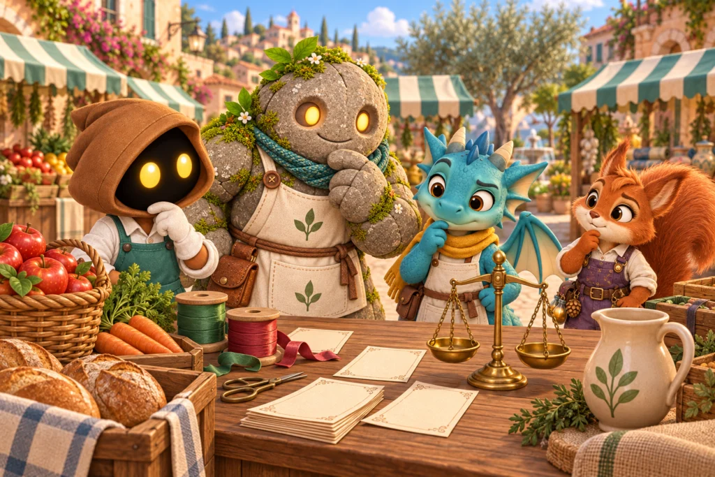 Las listas y los productos esperan en el mercado