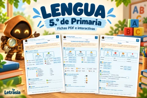 Lexi presenta fichas de Lengua de 5.º de Primaria sobre sinónimos y antónimos, acentuación y repaso gramatical.