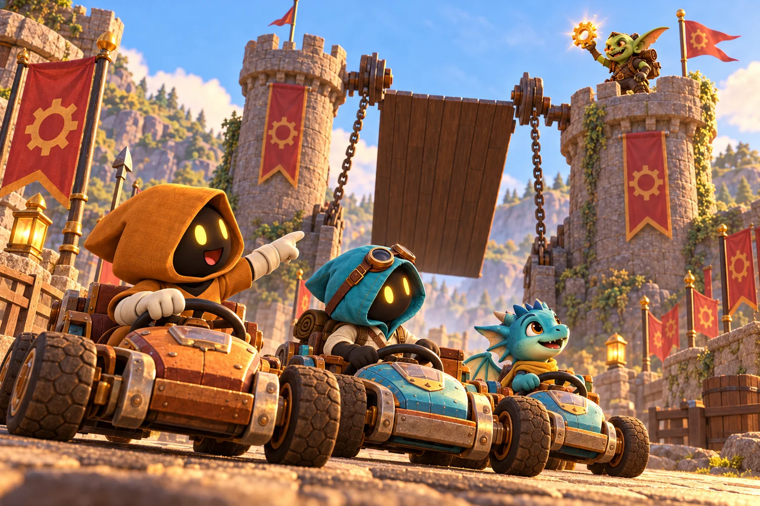 El goblin sonríe desde la torre mientras un kart vacío espera a su piloto