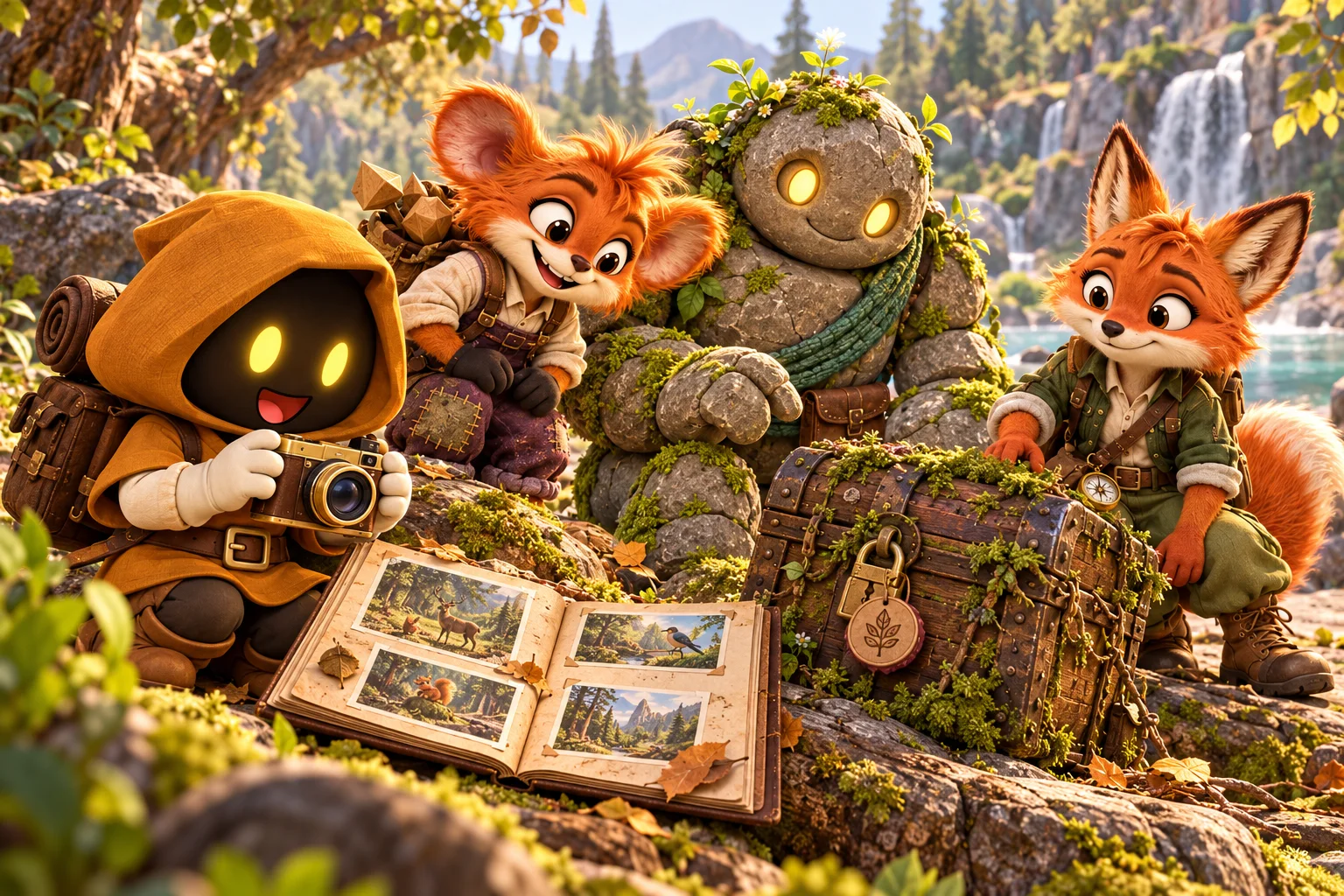 Portada del cuento: Lexi, Vera y Tilo con una cámara y un álbum de fotos junto al cofre de Revuelto